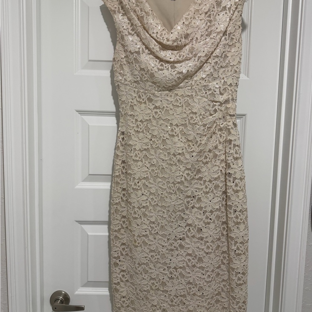 connected apparel Cream Lace Cowl Midi Dress